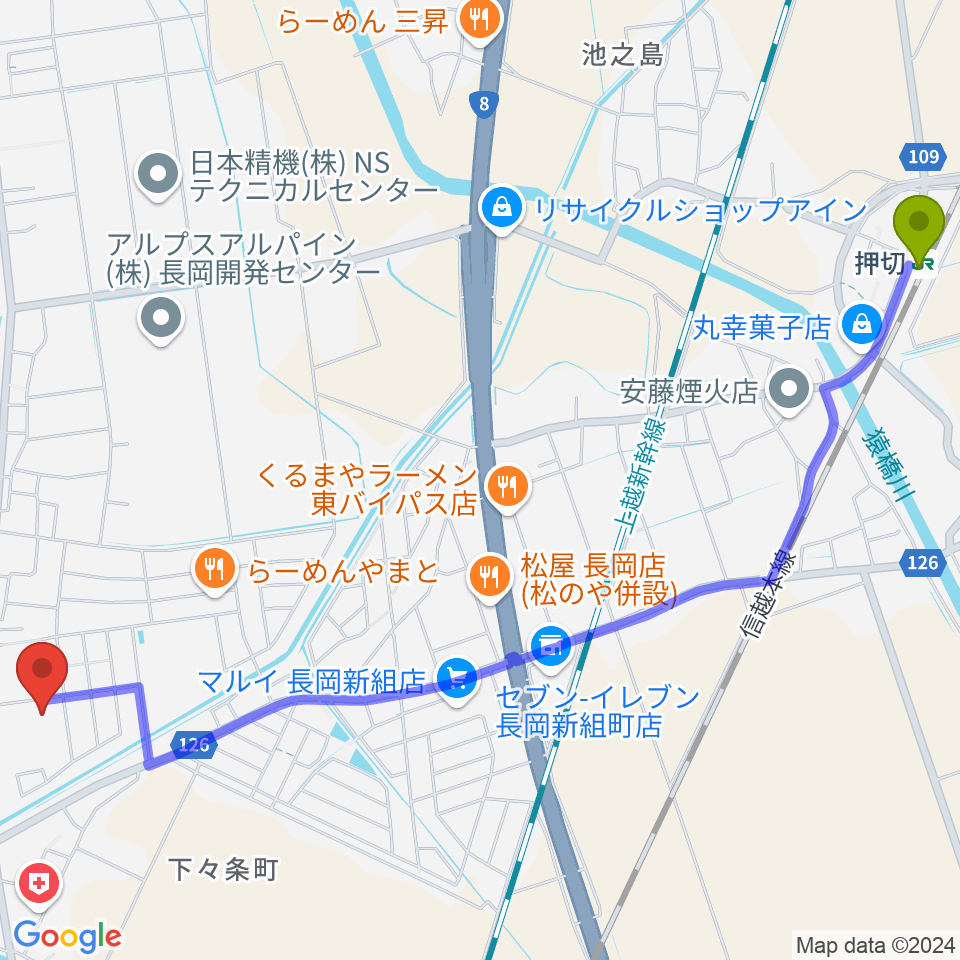 三島屋楽器店の最寄駅押切駅からの徒歩ルート（約31分）地図