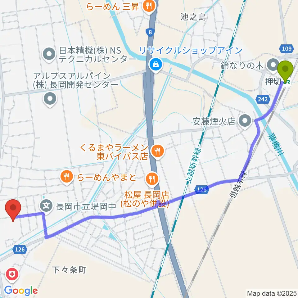 三島屋楽器店の最寄駅押切駅からの徒歩ルート（約31分）地図