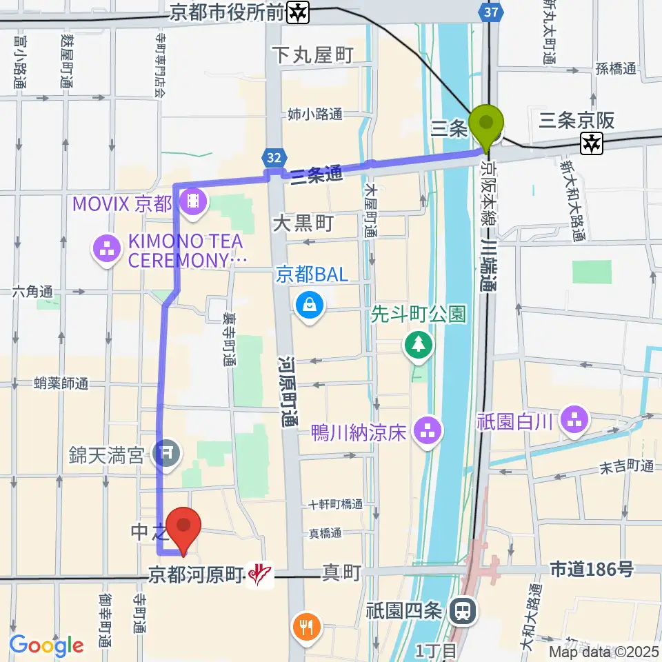 三条駅から穴沢楽器店へのルートマップ地図