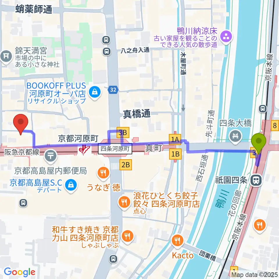 穴沢楽器店の最寄駅祇園四条駅からの徒歩ルート（約7分）地図