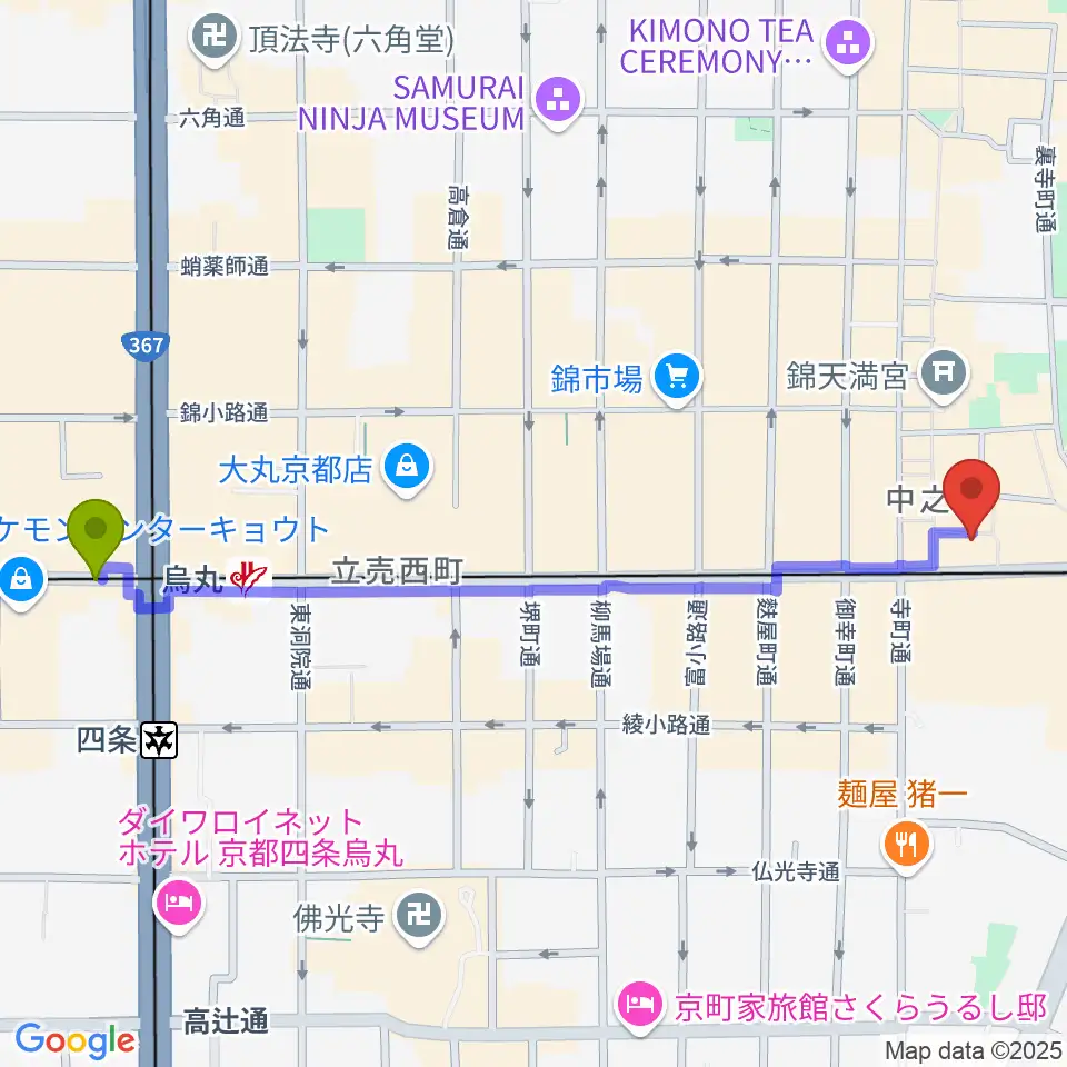 烏丸駅から穴沢楽器店へのルートマップ地図