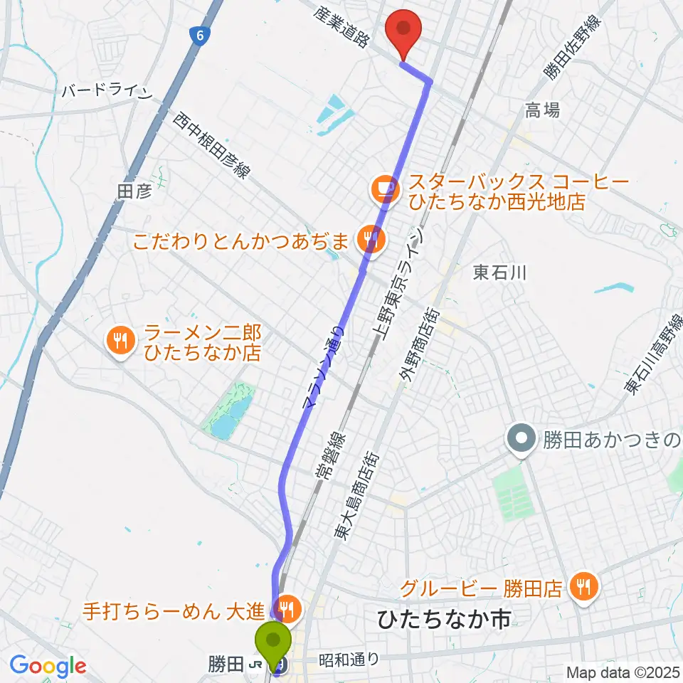 勝田駅から阿部ピアノ運送へのルートマップ地図