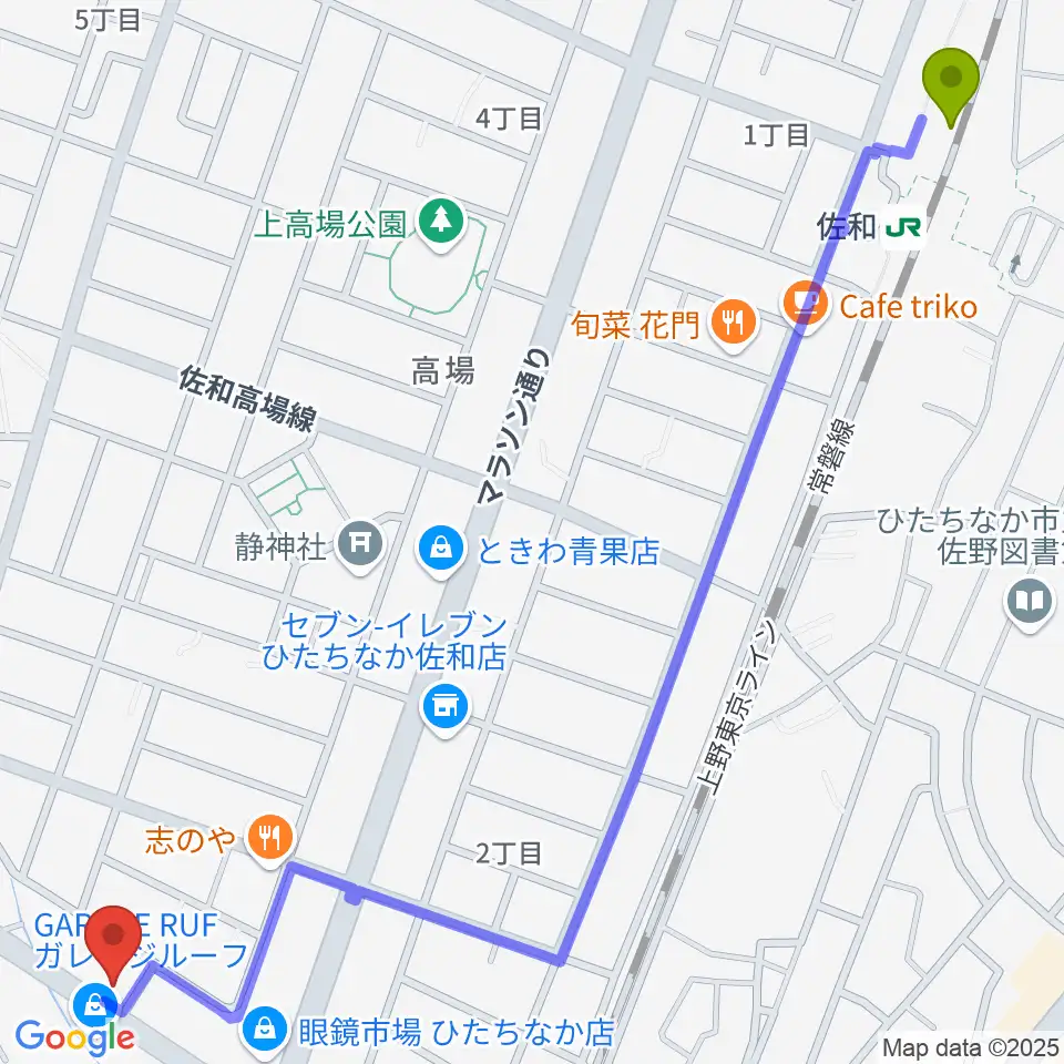 阿部ピアノ運送の最寄駅佐和駅からの徒歩ルート（約17分）地図