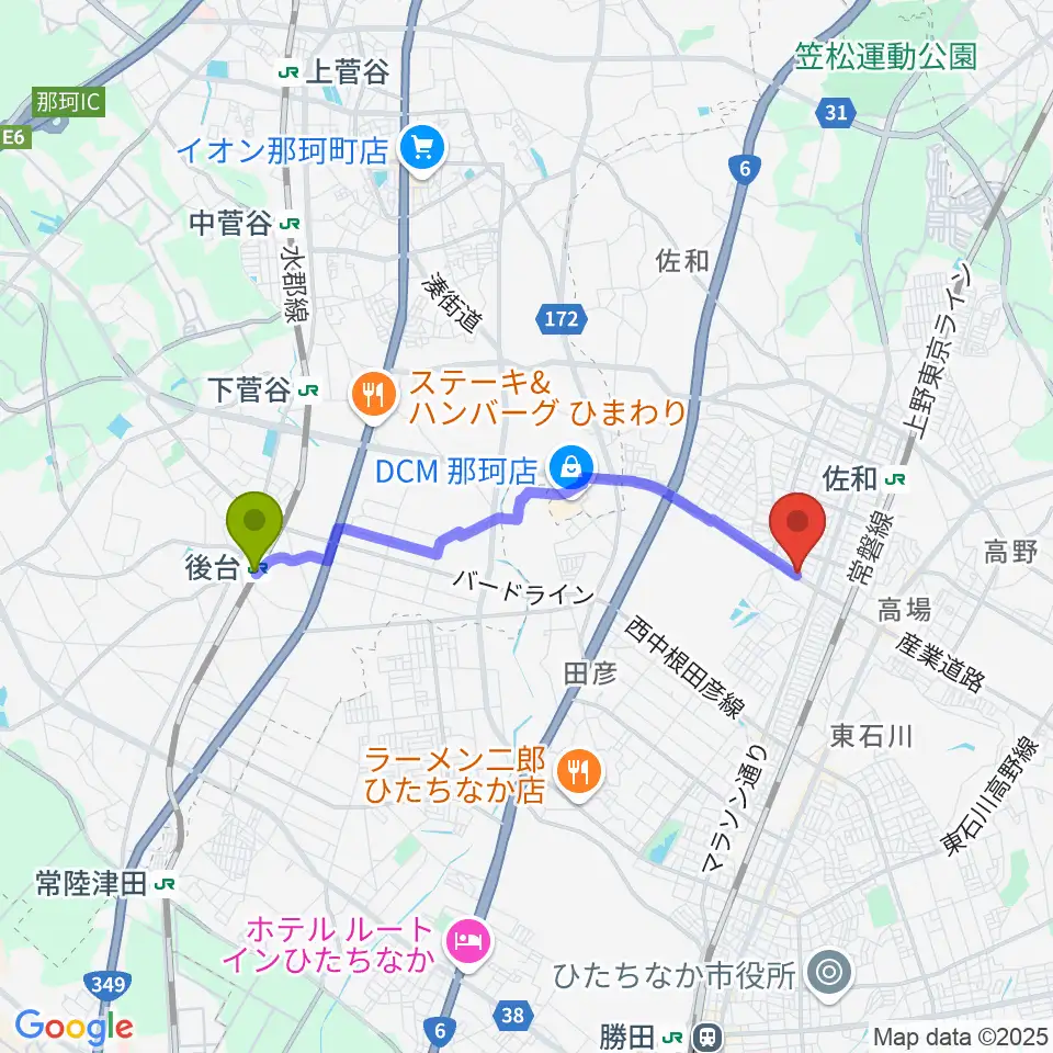 後台駅から阿部ピアノ運送へのルートマップ地図