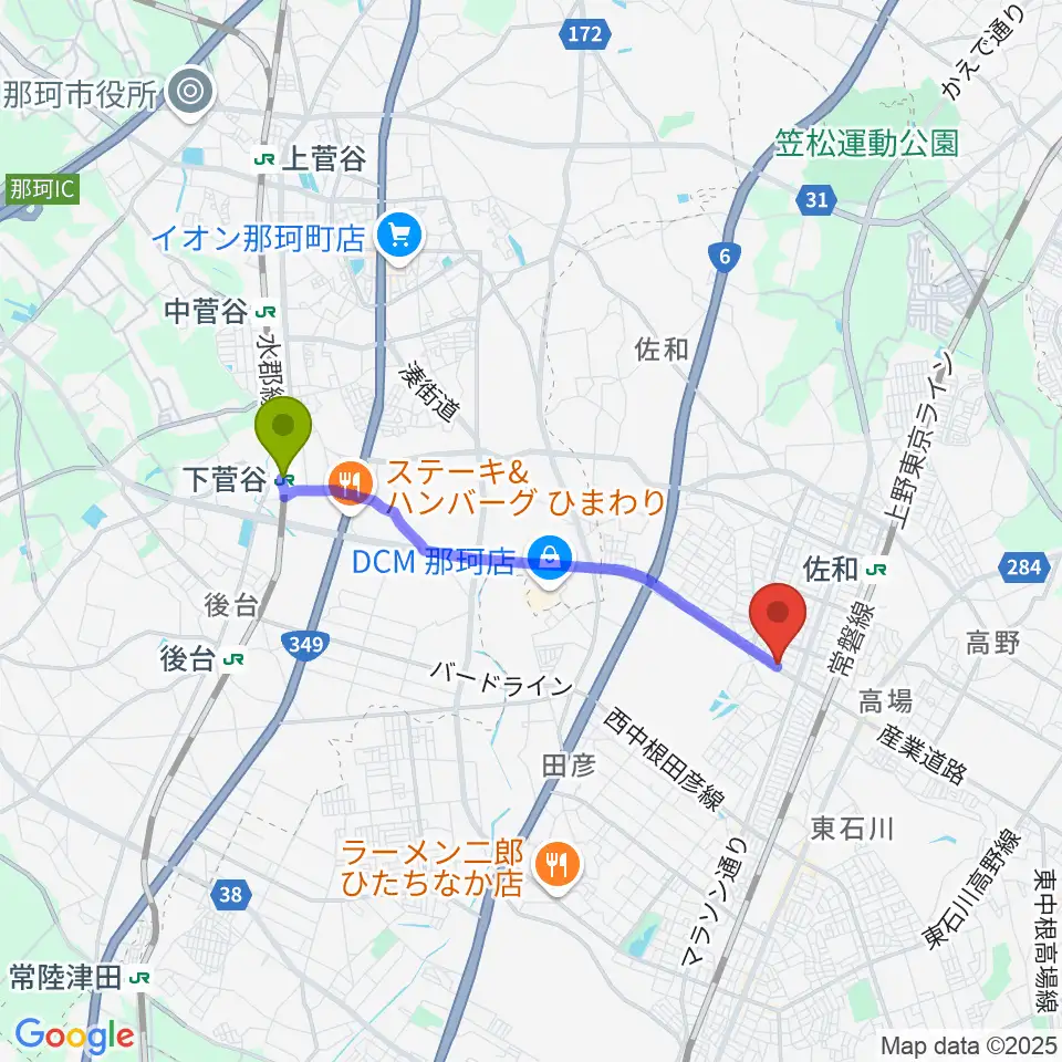 下菅谷駅から阿部ピアノ運送へのルートマップ地図