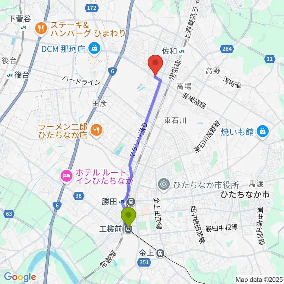 工機前駅から阿部ピアノ運送へのルートマップ地図