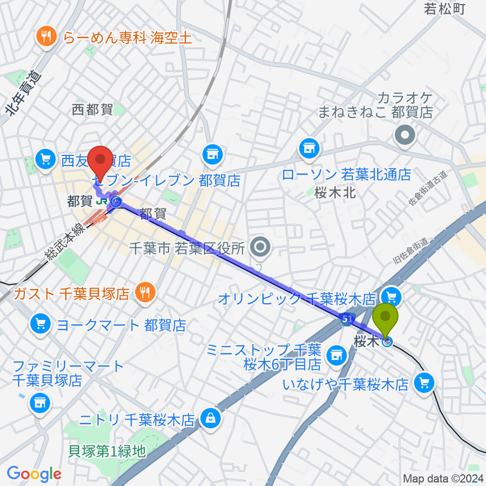 桜木駅から株式会社アイバ楽器へのルートマップ地図