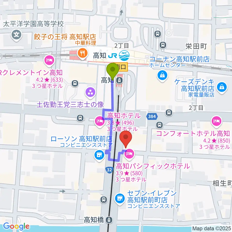 高知駅からアルペジオ楽器へのルートマップ地図