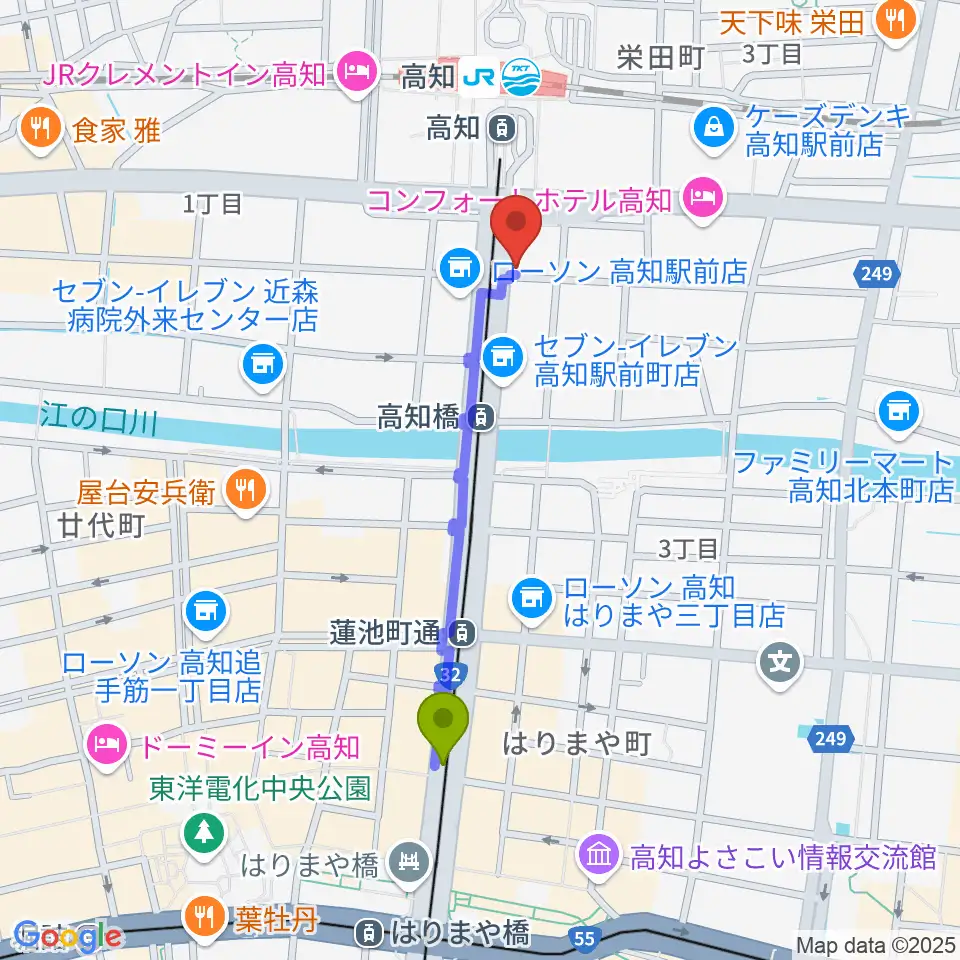 蓮池町通駅からアルペジオ楽器へのルートマップ地図