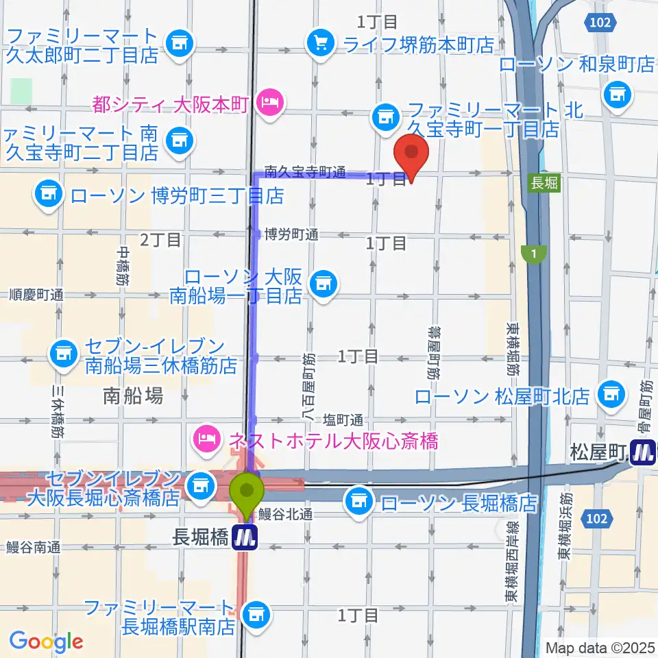 長堀橋駅からエバ電子楽器へのルートマップ地図