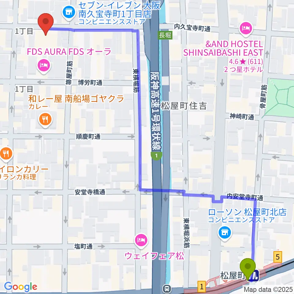 松屋町駅からエバ電子楽器へのルートマップ地図