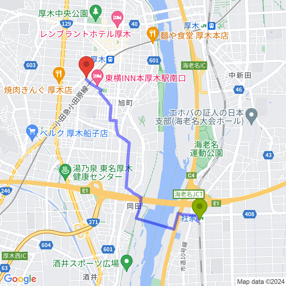 社家駅から厚木楽器 本厚木店へのルートマップ地図