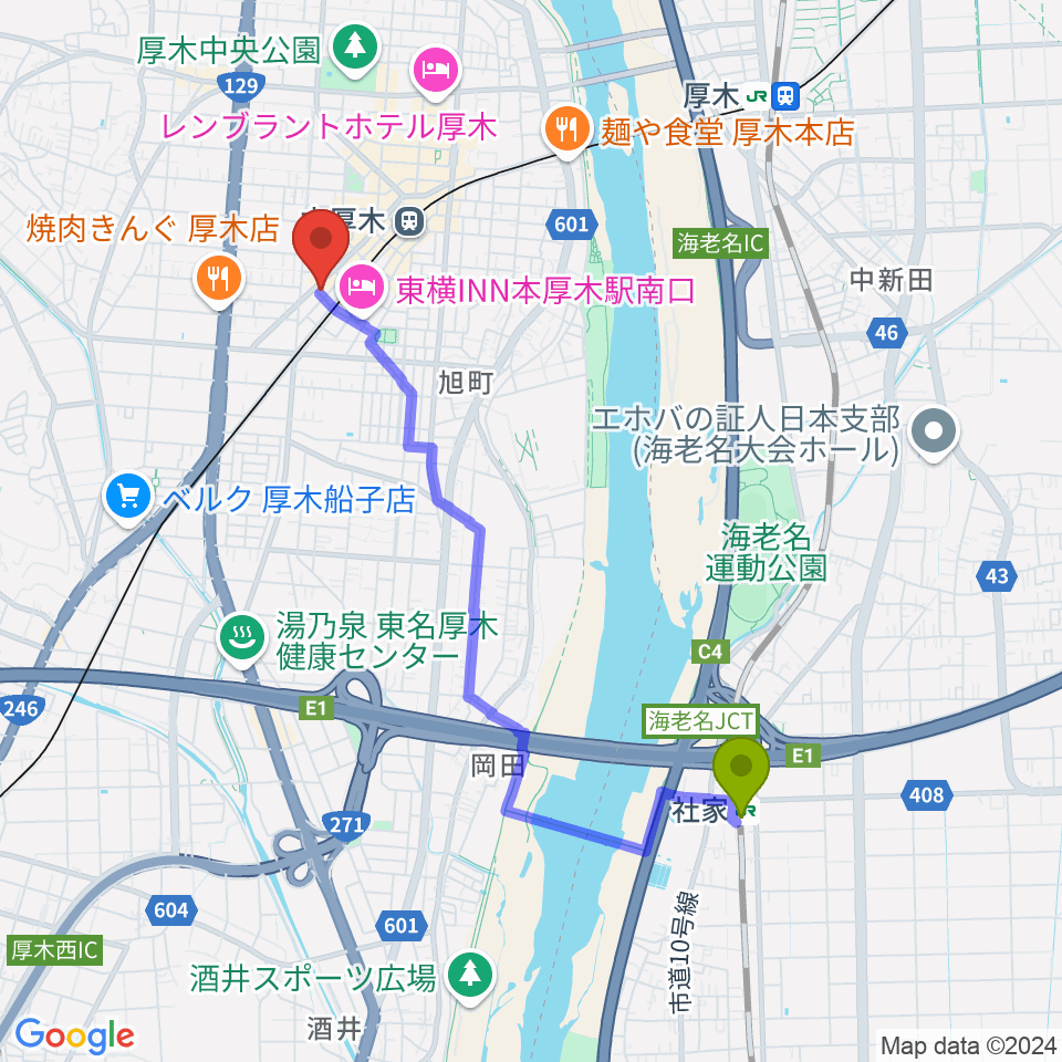 社家駅から厚木楽器 本厚木店へのルートマップ地図