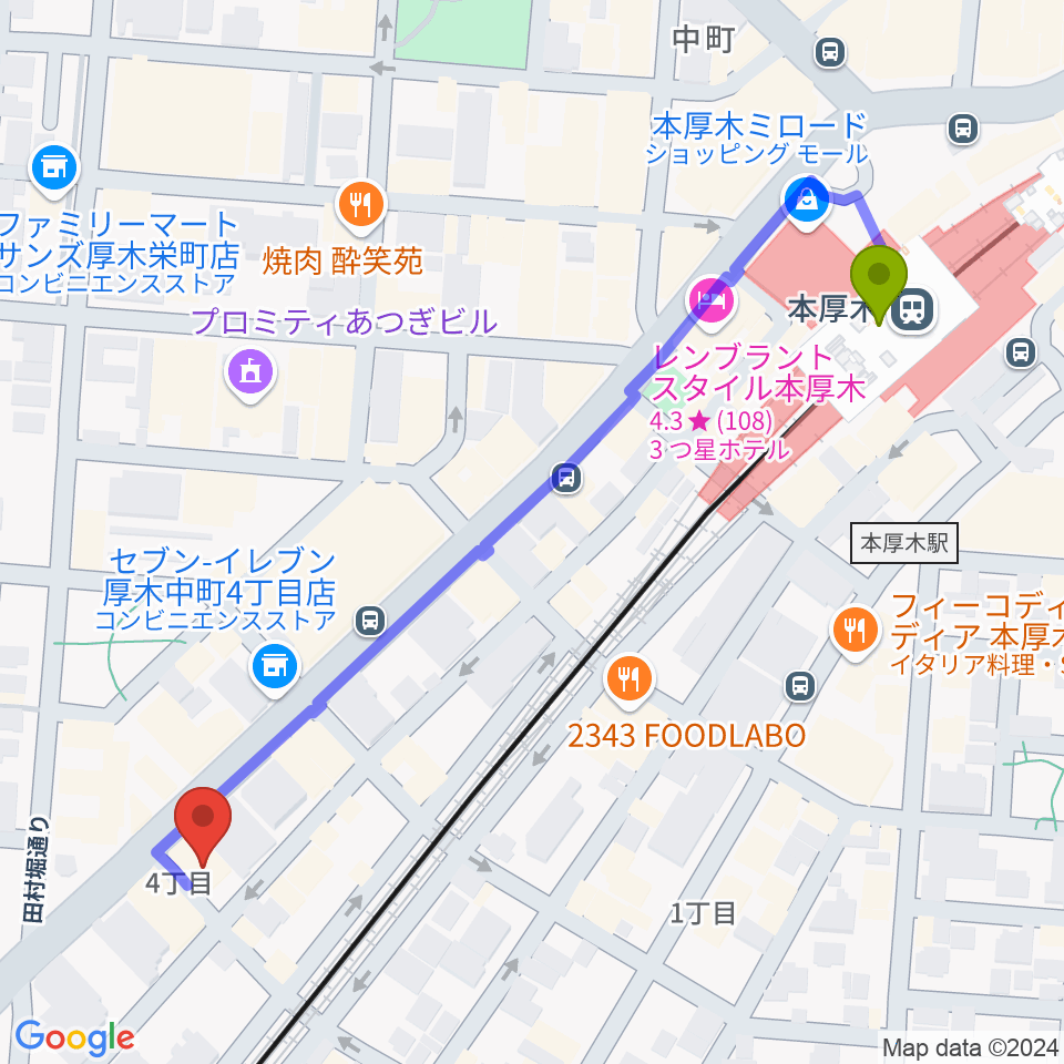 厚木楽器 本厚木店の最寄駅本厚木駅からの徒歩ルート（約6分）地図