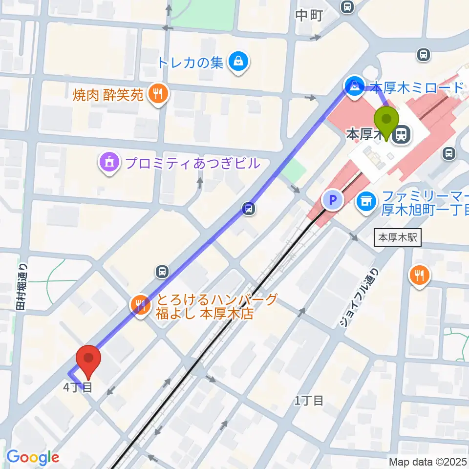 厚木楽器 本厚木店の最寄駅本厚木駅からの徒歩ルート（約6分）地図