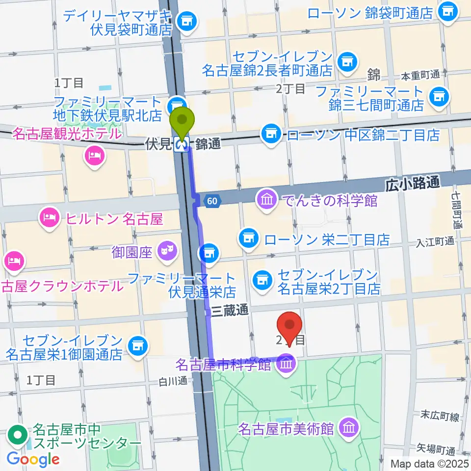 シャコンヌ名古屋店の最寄駅伏見駅からの徒歩ルート（約8分）地図