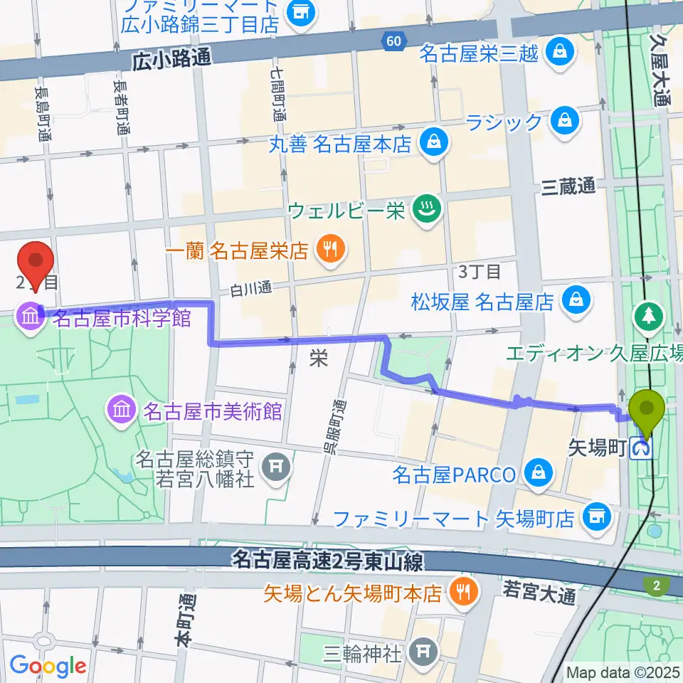 矢場町駅からシャコンヌ名古屋店へのルートマップ地図