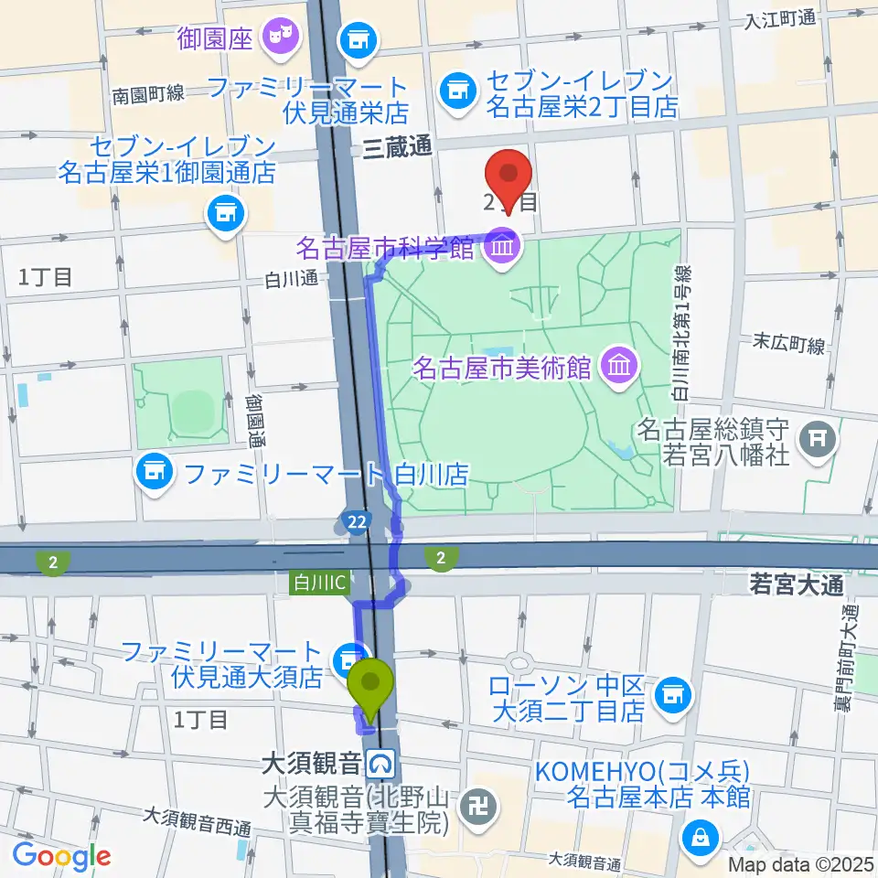 大須観音駅からシャコンヌ名古屋店へのルートマップ地図