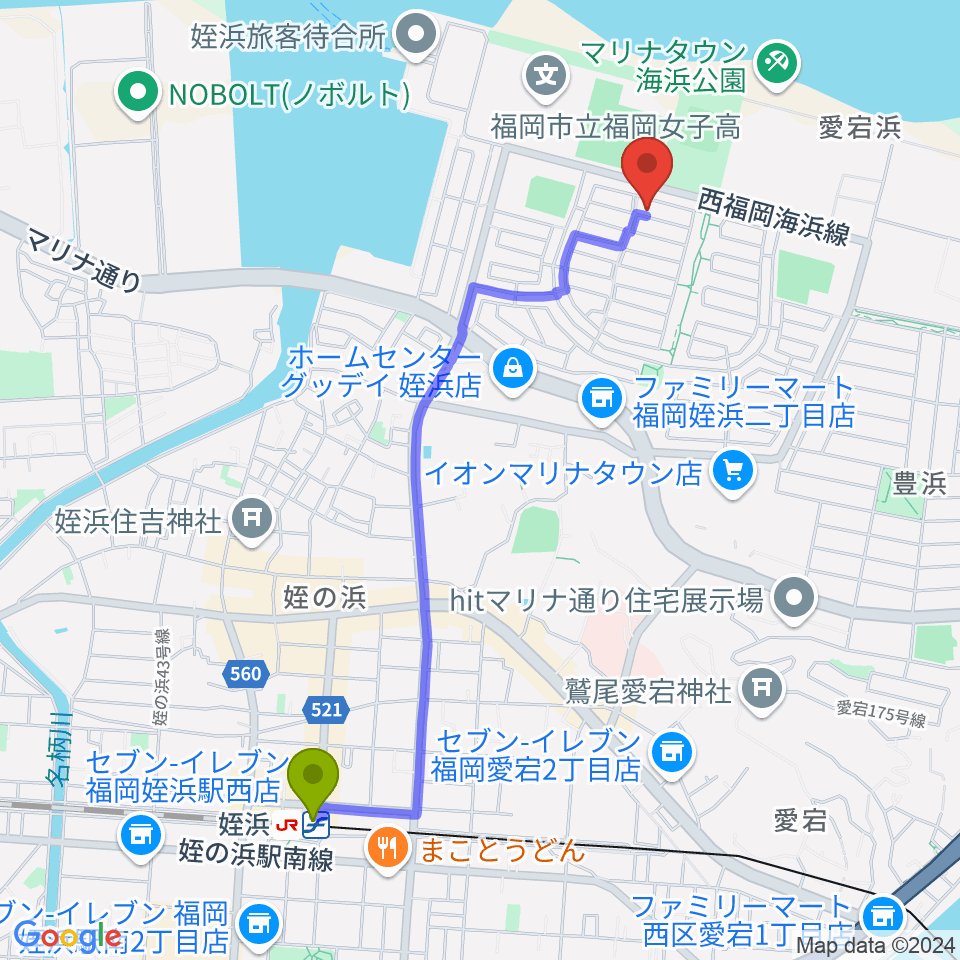 シャコンヌ福岡店の最寄駅姪浜駅からの徒歩ルート（約23分）地図