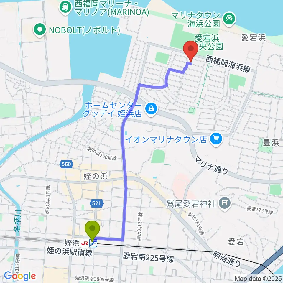 シャコンヌ福岡店の最寄駅姪浜駅からの徒歩ルート（約23分）地図