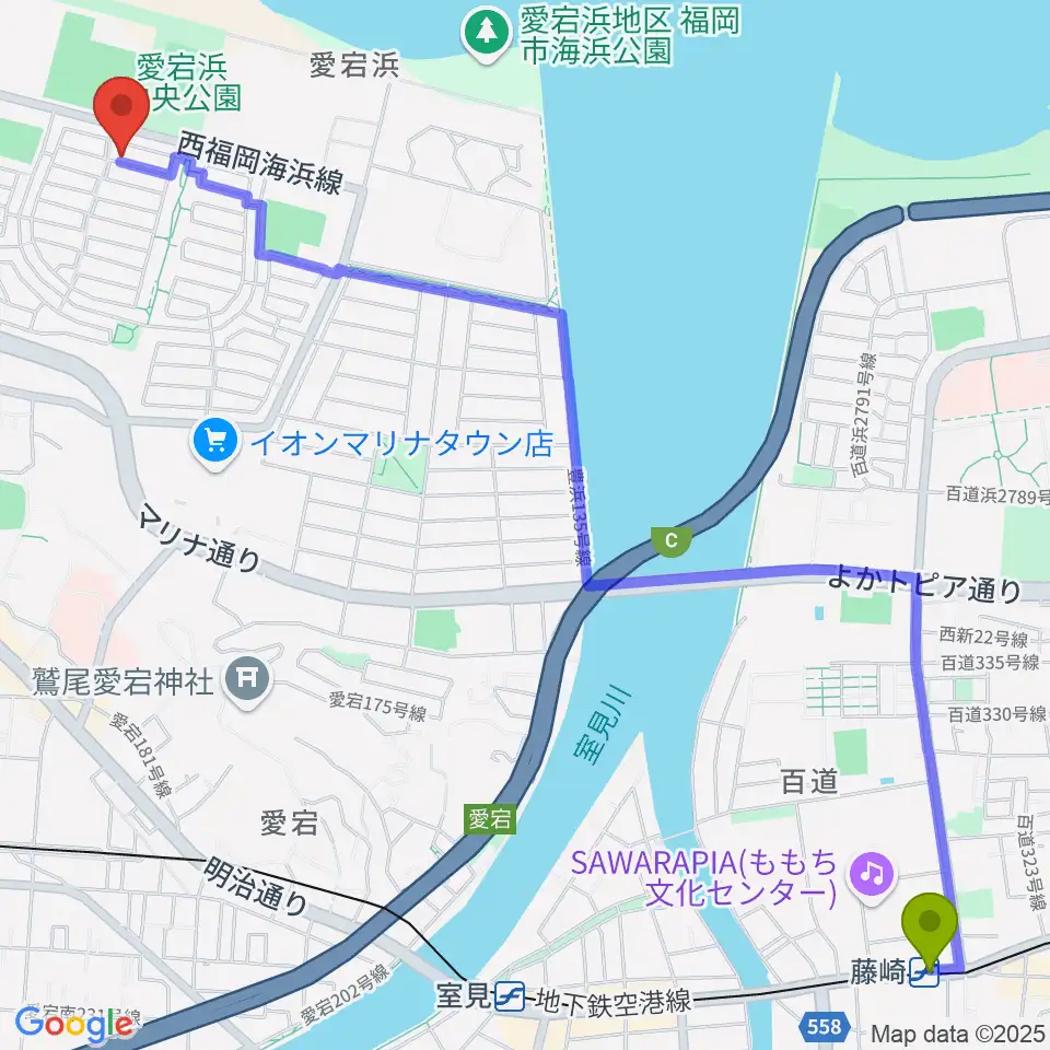 藤崎駅からシャコンヌ福岡店へのルートマップ地図