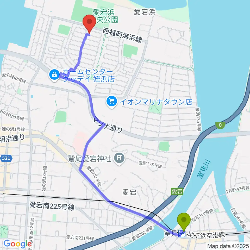 室見駅からシャコンヌ福岡店へのルートマップ地図