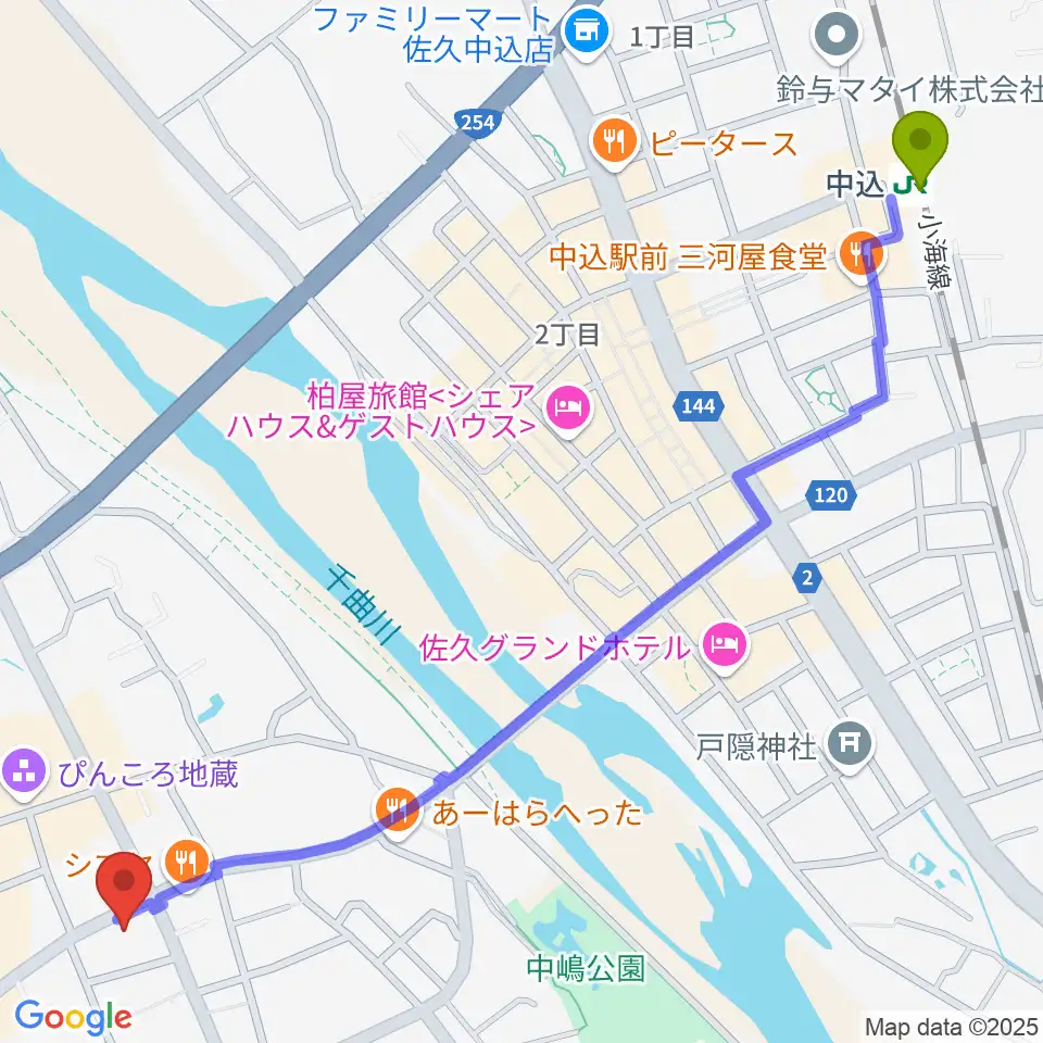 池田楽器店の最寄駅中込駅からの徒歩ルート（約16分）地図