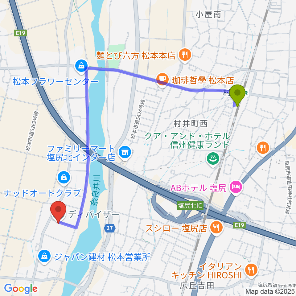 ディバイザーの最寄駅村井駅からの徒歩ルート（約22分）地図