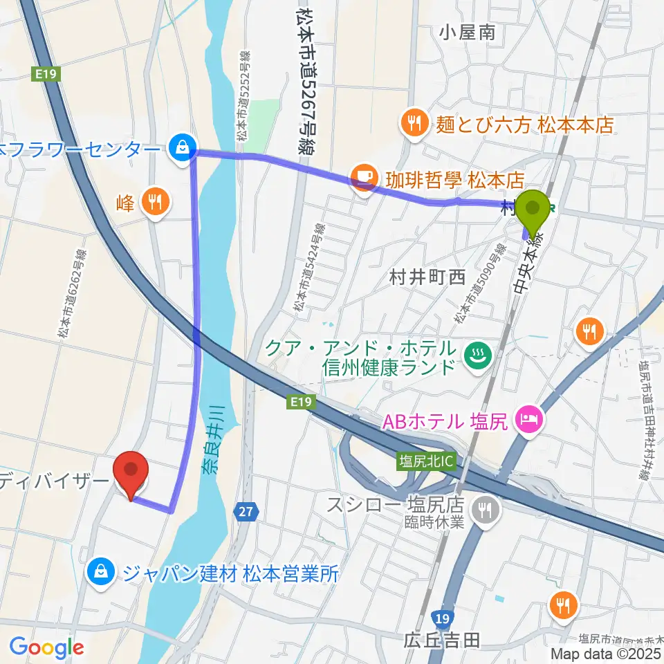 ディバイザーの最寄駅村井駅からの徒歩ルート（約22分）地図