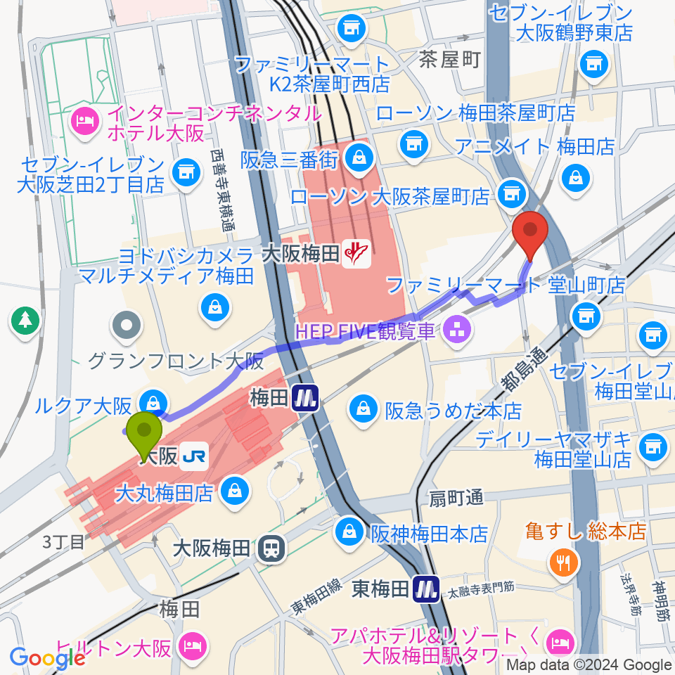 大阪駅からドルチェ楽器大阪店へのルートマップ地図