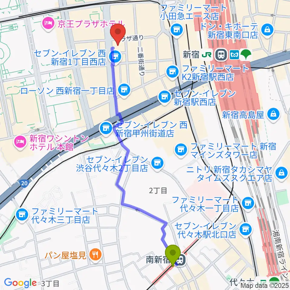 南新宿駅からドルチェ楽器管楽器アヴェニュー東京店へのルートマップ地図