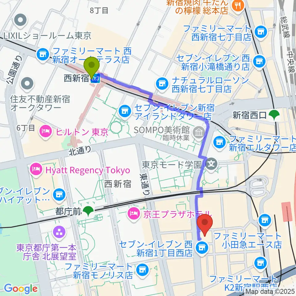 西新宿駅からドルチェ楽器管楽器アヴェニュー東京店へのルートマップ地図