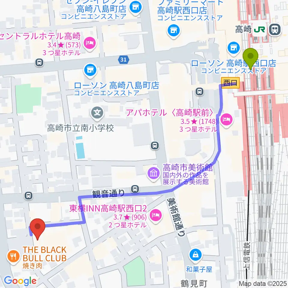 ダストボウル高崎店の最寄駅高崎駅からの徒歩ルート（約7分）地図