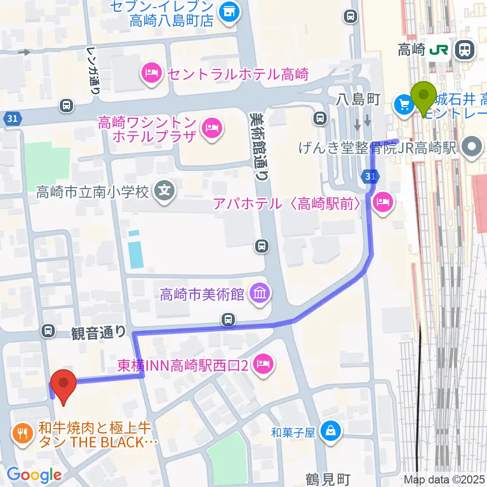 ダストボウル高崎店の最寄駅高崎駅からの徒歩ルート（約7分）地図