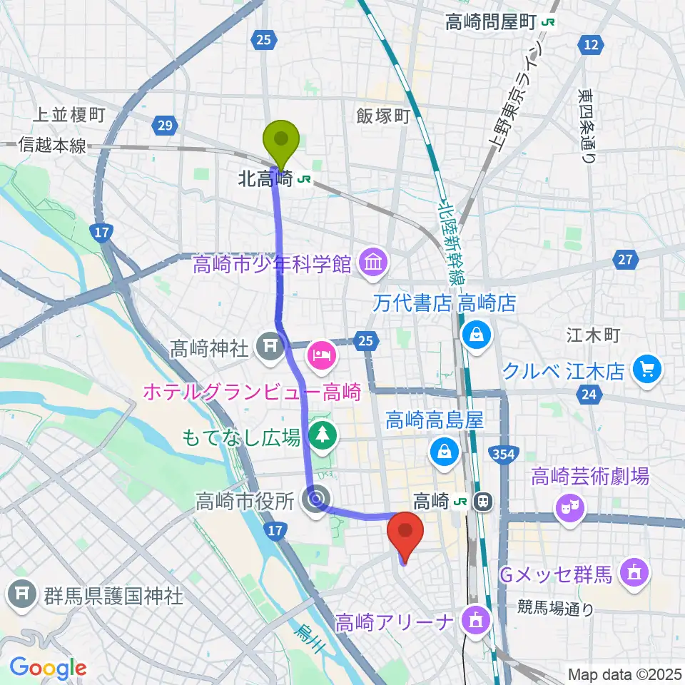北高崎駅からダストボウル高崎店へのルートマップ地図