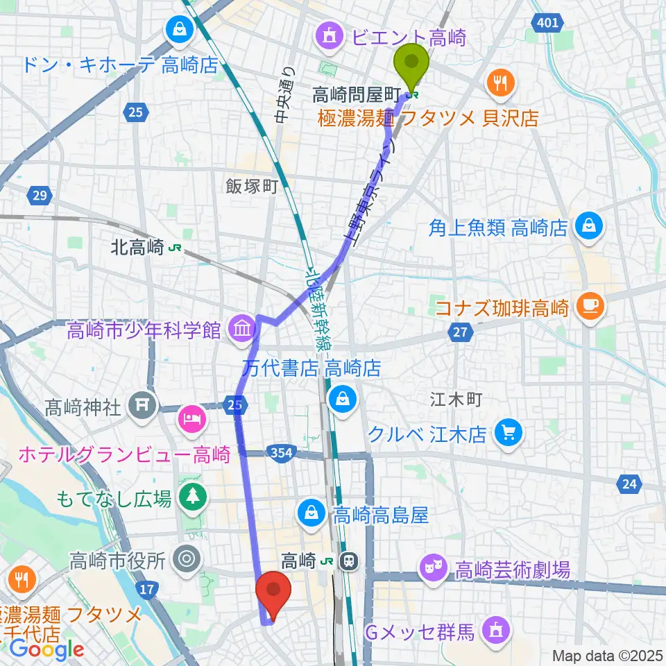 高崎問屋町駅からダストボウル高崎店へのルートマップ地図