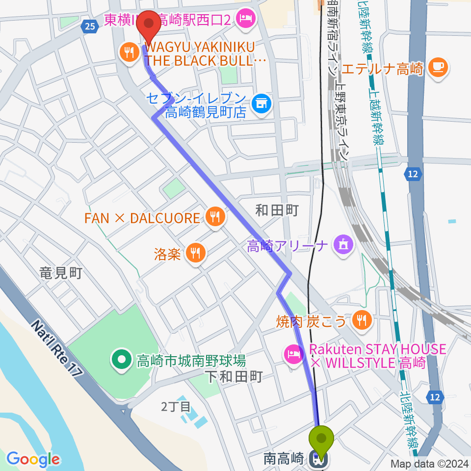 南高崎駅からダストボウル高崎店へのルートマップ地図