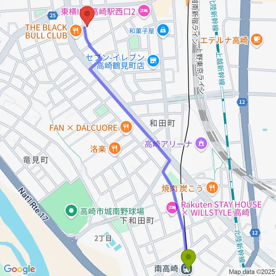 南高崎駅からダストボウル高崎店へのルートマップ地図