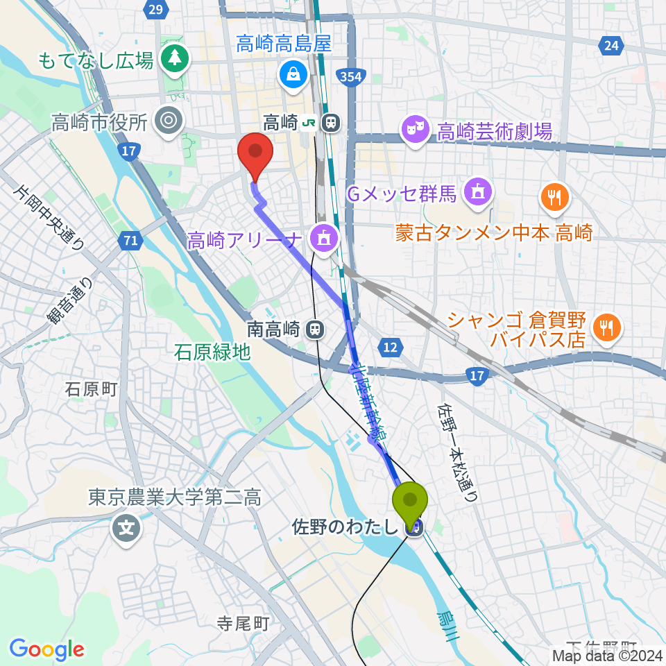 佐野のわたし駅からダストボウル高崎店へのルートマップ地図