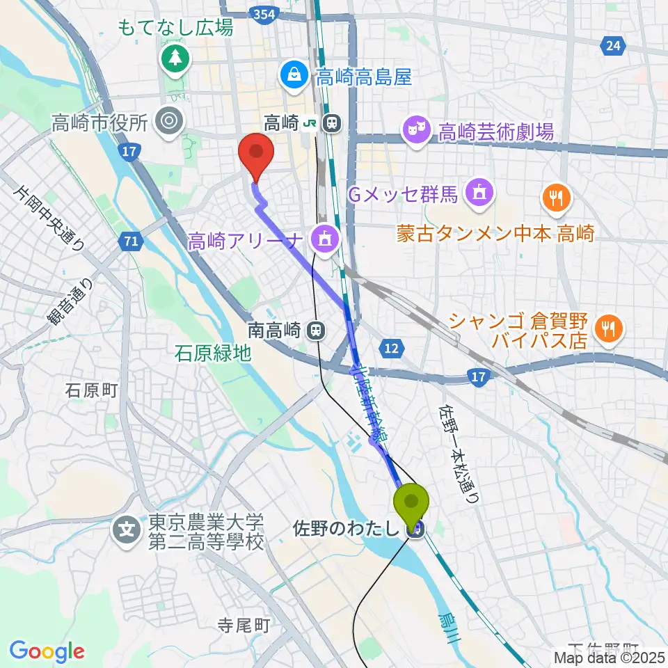 佐野のわたし駅からダストボウル高崎店へのルートマップ地図