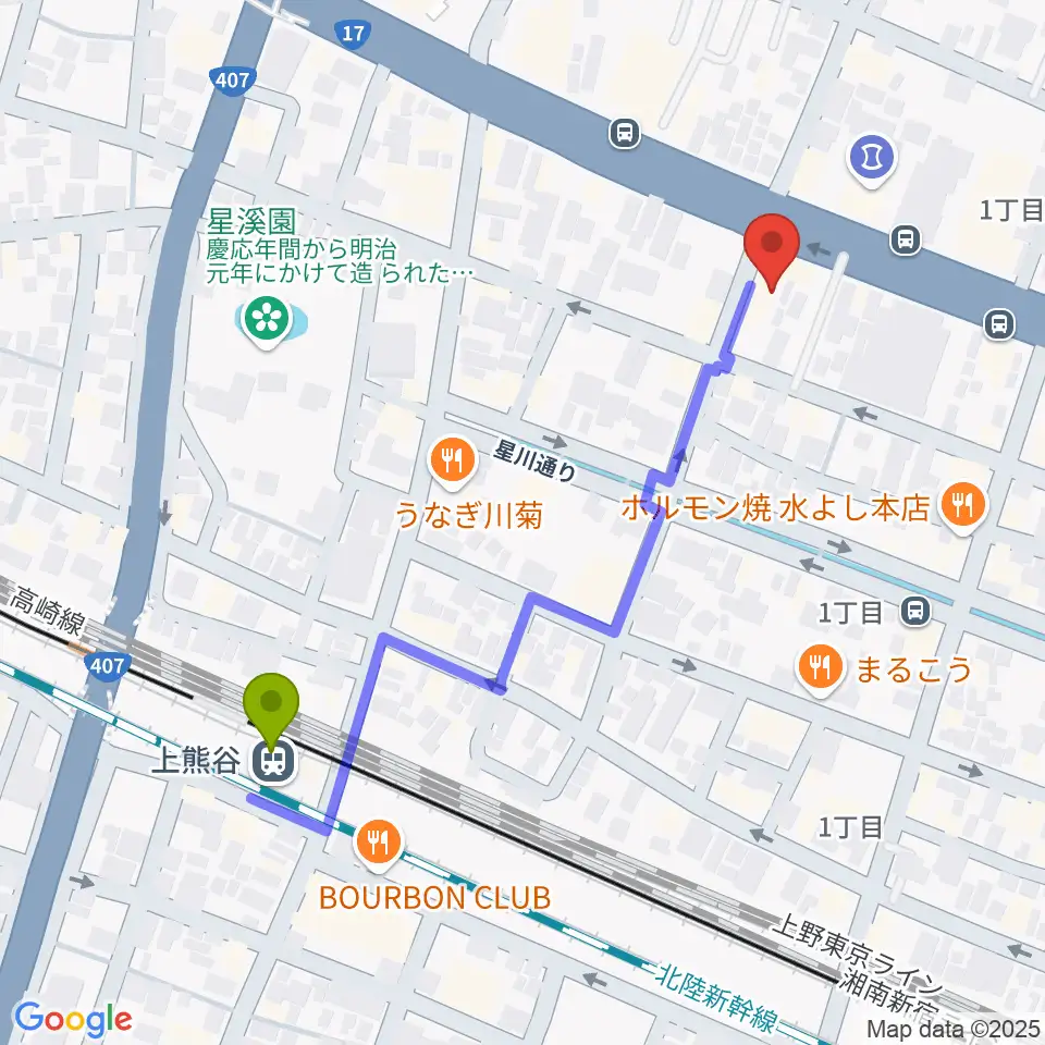 タニタ楽器 熊谷本店の最寄駅上熊谷駅からの徒歩ルート（約5分）地図
