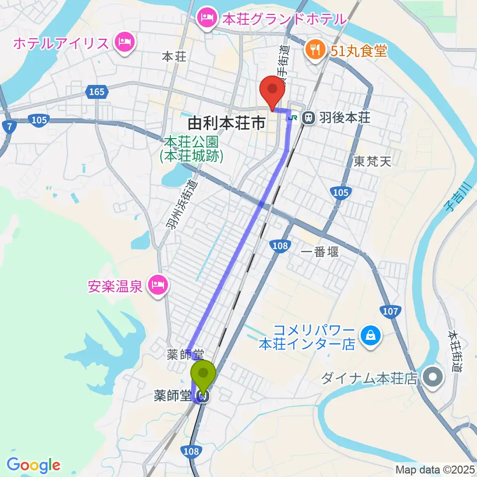薬師堂駅からジプシーワゴンへのルートマップ地図