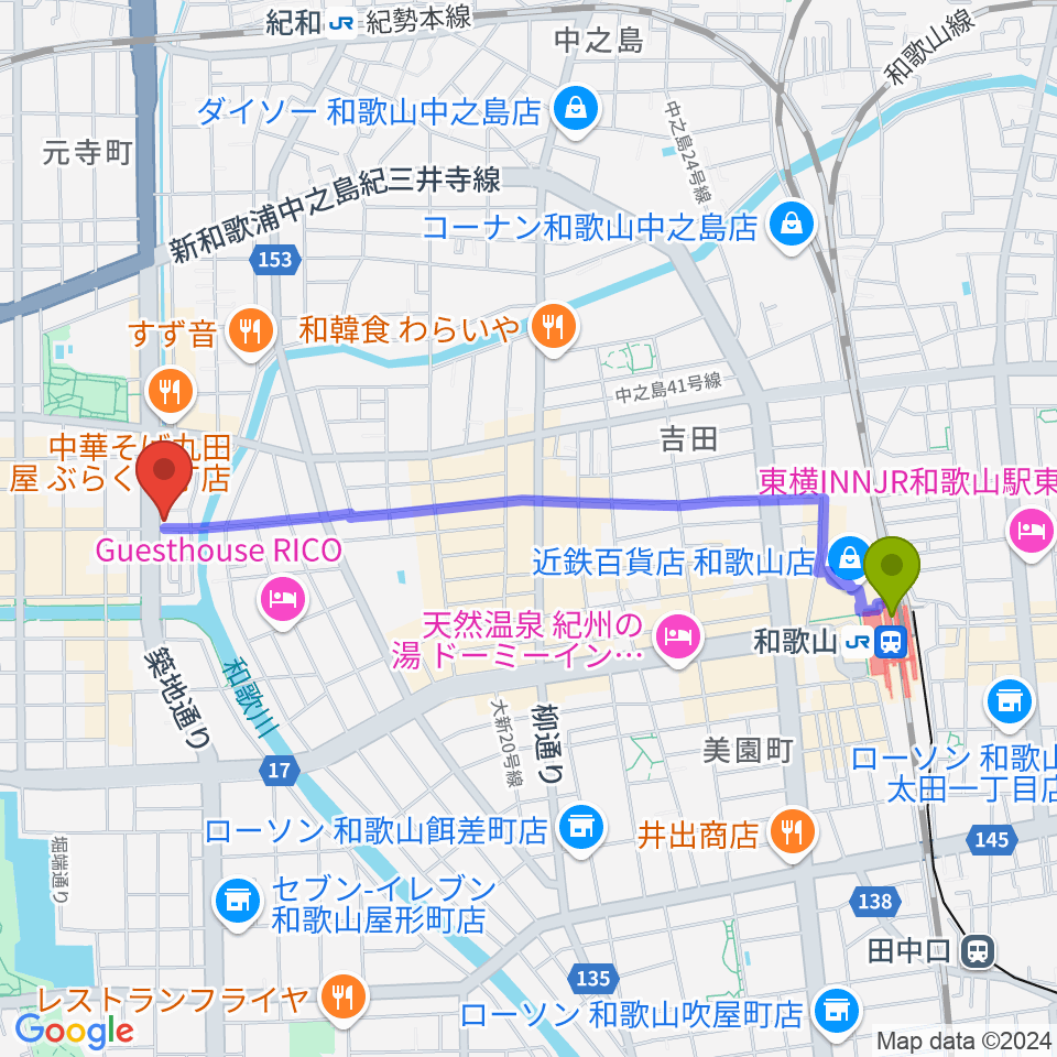 和歌山駅からMusic Land TAKE OFFへのルートマップ地図