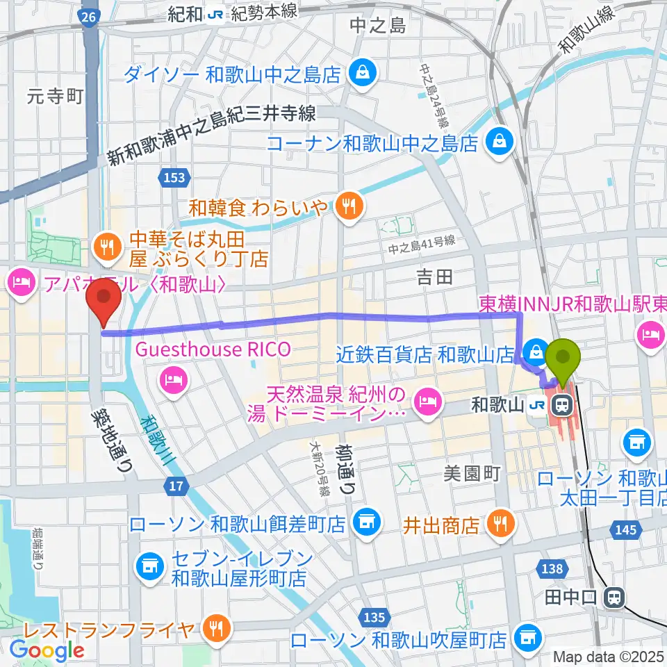 和歌山駅からMusic Land TAKE OFFへのルートマップ地図