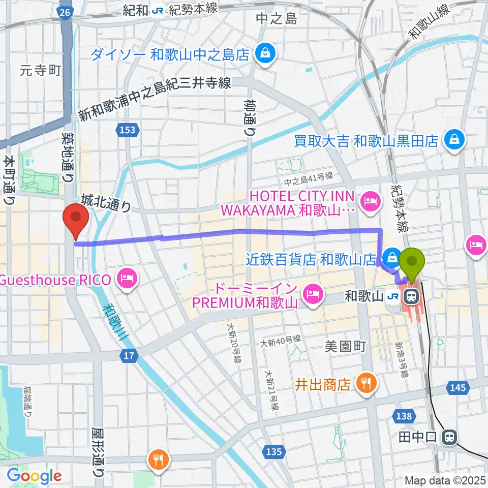 和歌山駅からMusic Land TAKE OFFへのルートマップ地図