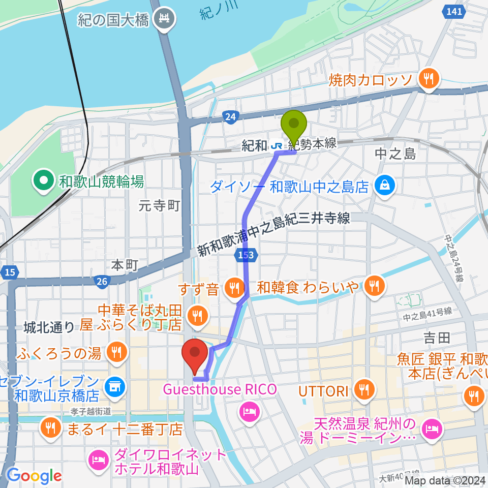 Music Land TAKE OFFの最寄駅紀和駅からの徒歩ルート（約16分）地図