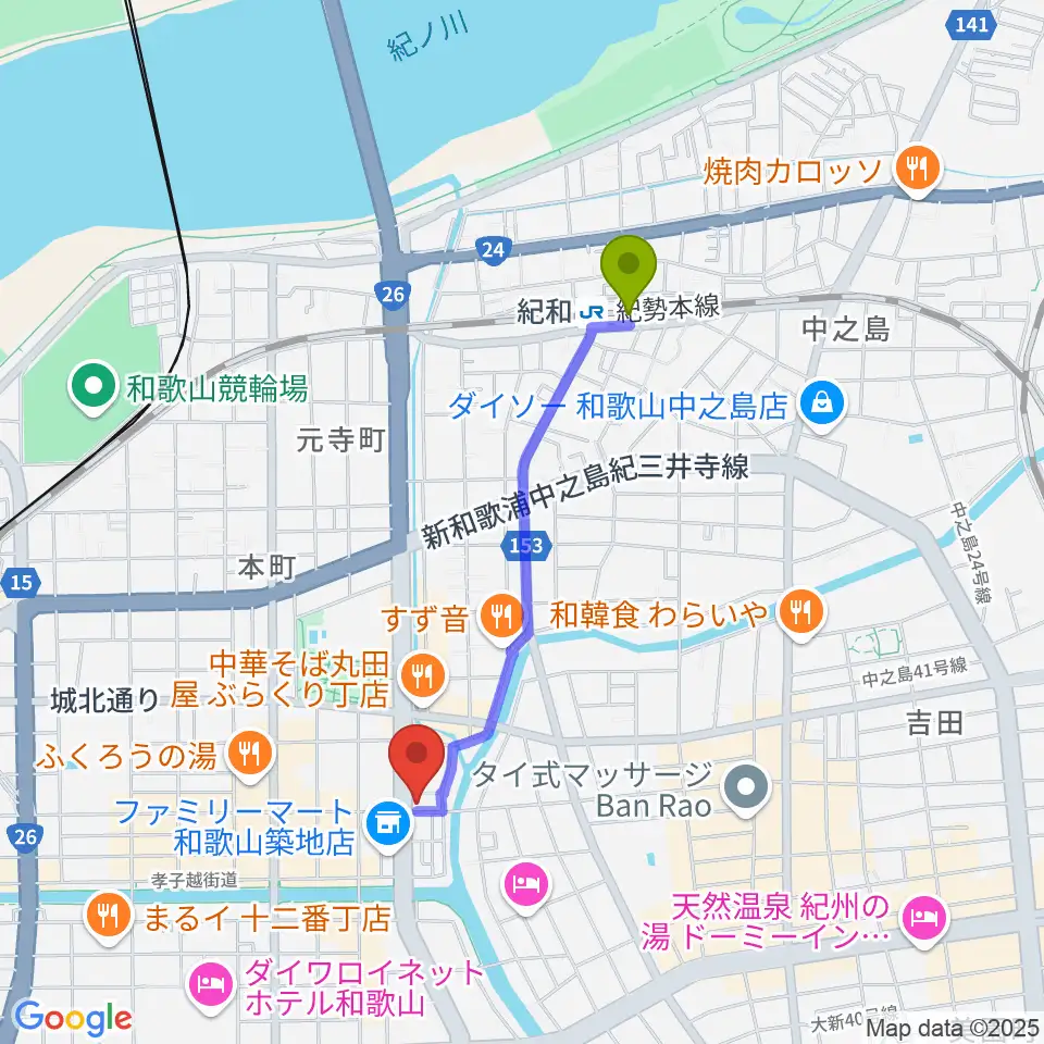 Music Land TAKE OFFの最寄駅紀和駅からの徒歩ルート（約16分）地図