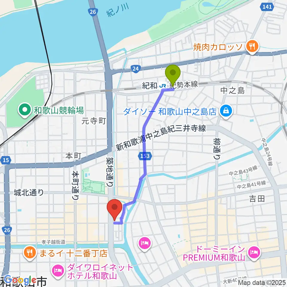 Music Land TAKE OFFの最寄駅紀和駅からの徒歩ルート（約16分）地図