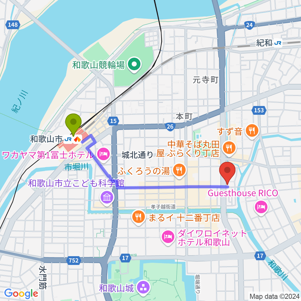 和歌山市駅からMusic Land TAKE OFFへのルートマップ地図