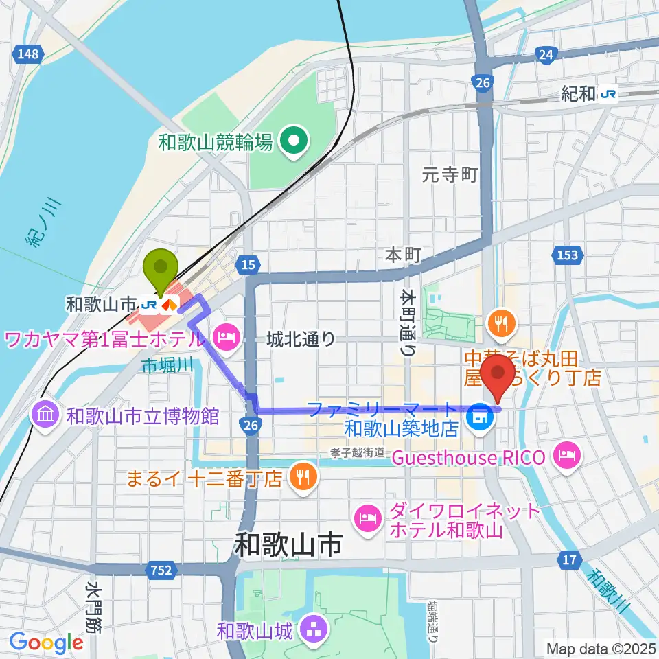 和歌山市駅からMusic Land TAKE OFFへのルートマップ地図